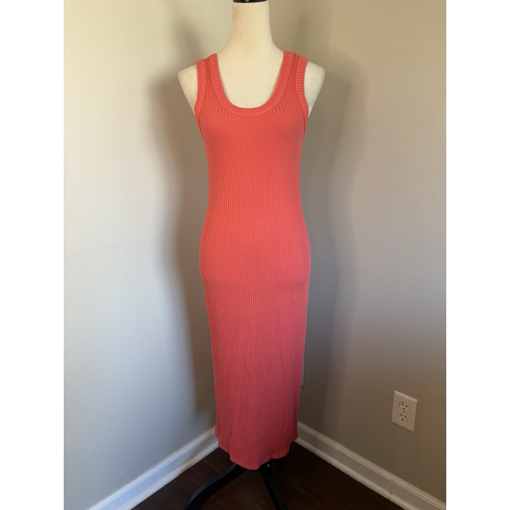 Stateside Luxe Thermal Ribbed Midi Tank Dress Coral Pink Scoop Neck Small Anthro